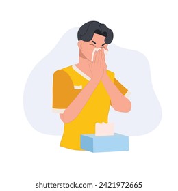 Allergy and Cold Prevention concept. man sneezing with tissue paper box