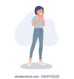 Allergy and Cold Prevention concept. woman sneezing with tissue paper