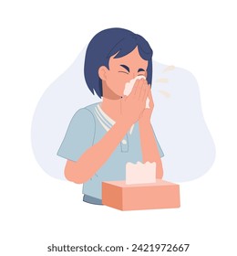 Allergy and Cold Prevention concept. woman sneezing with tissue paper box