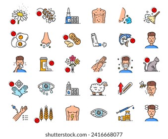 Allergy color line icons, asthma, fever and rhinitis allergic symptoms, vector symbols. Health and allergy on dust, medical disease of nose or eye, allergy for pollen and allergens with symptoms icons