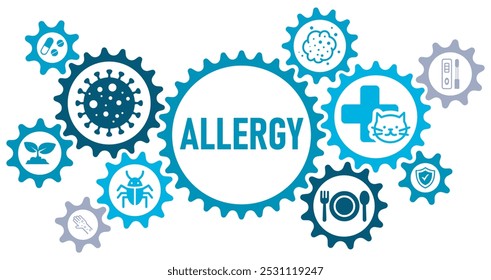 Ilustración vectorial de los iconos del Sitio web del Web del Anuncio del concepto de la alergia con los iconos de los alérgenos, comida, animal doméstico, alergia, polen, ácaro del polvo de la casa, sistema inmune, prueba de la alergia, y medicación, en el icono blanco del fondo