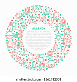 Allergy concept in circle with thin line icons: runny nose, dust, streaming eyes, lactose intolerance, citrus, dust mite, allergy test, edema. Modern vector illustration, print media template.