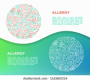 Allergy concept in circle with thin line icons: runny nose, dust, streaming eyes, lactose intolerance, citrus, seafood,gluten free, allergy test, edema. Vector illustration, print media template.