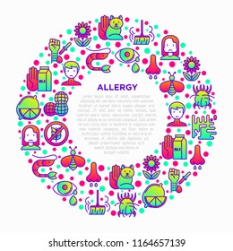 Allergy concept in circle with thin line icons: runny nose, dust, streaming eyes, lactose intolerance, citrus, gluten free, dust mite, allergy test, edema. Vector illustration, print media template.