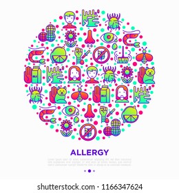 Allergy concept in circle with thin line icons: runny nose, dust, streaming eyes, lactose intolerance, citrus, dust mite, allergy test, edema. Modern vector illustration, print media template.