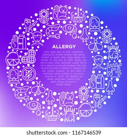 Allergy concept in circle with thin line icons: runny nose, dust, streaming eyes, lactose intolerance, citrus, seafood,gluten free, dust mite, allergy test. Vector illustration, print media template.