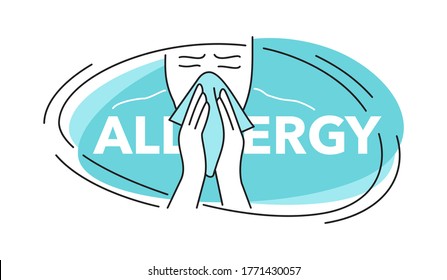 Allergy concept - drawn man blowing his nose into a handkerchief and place for slogan, headline text or company program name - isolated vector healthcare template
