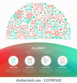 Allergy concept in half circle with thin line icons: runny nose, dust, streaming eyes, lactose intolerance, citrus, dust mite, allergy test, edema. Modern vector illustration, print media template.