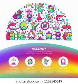Allergy concept in half circle with thin line icons: runny nose, dust, streaming eyes, lactose intolerance, citrus, seafood, dust mite, allergy test, edema. Vector illustration, print media template.