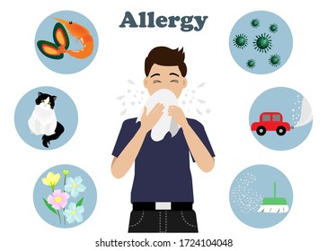 Allergy concept. Infographic of sneezing man with 6 allergy factors, flowers, animal fur,seafoods, diseases, car smoke and dust. Isolated on white background. Vector Illustration.