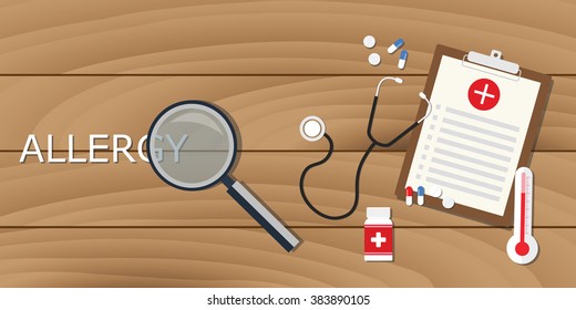 allergy concept with magnifying glass and medical record clipboard drugs vector