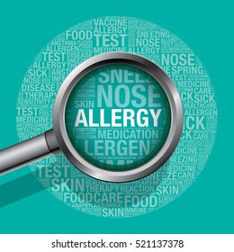 Allergy concept with magnifying glass, vector illustration