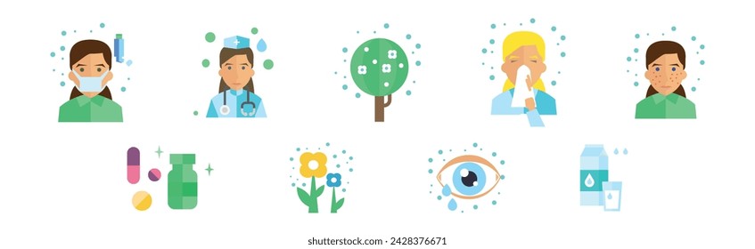 Allergy Concept with Risk Factors Flat Icon Vector Set