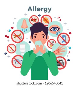 Allergy concept with risk factors and symptoms symbols flat vector illustration