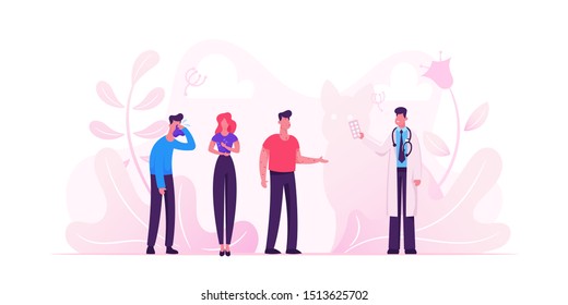 Allergy Concept with Sick Patients Visiting Doctor. Intolerance Persons Illness with Cough, Cold and Sneeze Symptoms. Allergen Drugs Pharmacy Therapy and Tissue Help. Cartoon Flat Vector Illustration