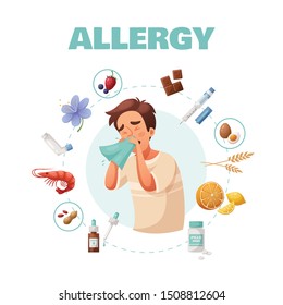 Allergy concept with symptoms treatment and common allergens symbols cartoon vector illustration