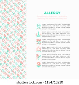 Allergy concept with thin line icons: runny nose, dust, streaming eyes, lactose intolerance, citrus, seafood, gluten free, dust mite, flower, mold, peanut, allergy test, edema. Vector illustration.