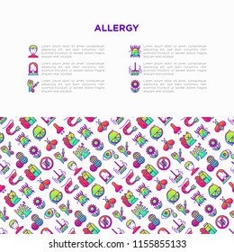 Allergy concept with thin line icons: runny nose, dust, streaming eyes, lactose intolerance, citrus, seafood, gluten free, dust mite, flower, mold, edema. Vector illustration, print media template.