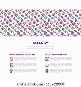 Allergy concept with thin line icons: runny nose, dust, streaming eyes, lactose intolerance, citrus, seafood, gluten free, dust mite, allergy test, edema. Vector illustration, print media template.