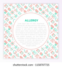 Allergy concept with thin line icons: runny nose, dust, streaming eyes, lactose intolerance, citrus, seafood,gluten free, dust mite, flower, mold, edema. Vector illustration, print media template.