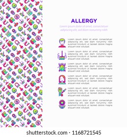 Allergy concept with thin line icons: runny nose, dust, streaming eyes, lactose intolerance, citrus, dust mite, flower, mold, peanut, allergy test, edema. Vector illustration, print media template.