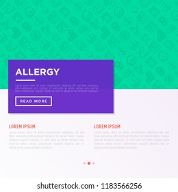 Allergy concept with thin line icons: runny nose, dust, streaming eyes, lactose intolerance, citrus, seafood, dust mite, mold, peanut, allergy test, edema.  vector illustration, print media template.