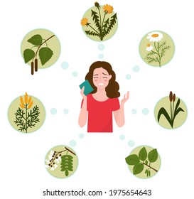 Allergy concept. Vector illustration. The girl has a spring allergic reaction. Allergic reaction to different types of plants. Pollen of birch, alder, acacia, bloom dandelion, chamomile, ragweed.