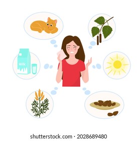  Allergy concept. Vector illustration. The girl has an allergic reaction. Allergic reaction to different types of plants and products. Pollen of birch, ragweed, sun, milk, almond, pets.