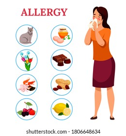 Allergy concept. Woman sneezes or blows his nose in handkerchief, allergic reaction of immune system. Types of allergens: some foods, sweets, pet hair, seasonal flowers. Vector character illustration