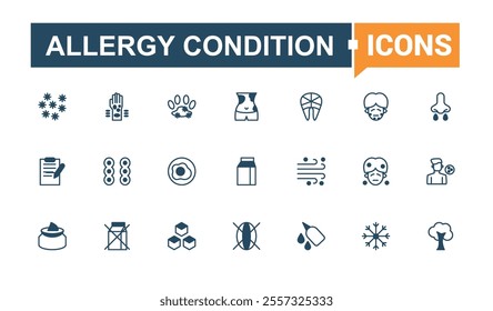 Allergy Condition thin line icon set. Containing dog, illness, pollen, head, care, food and more. Minimal linear icons. Vector outline and solid icons collection.