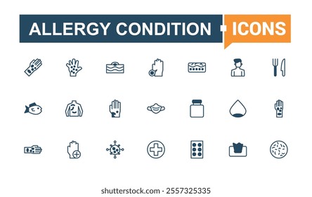 Allergy Condition thin line icon set. Containing dog, illness, pollen, head, care, food and more. Minimal linear icons. Vector outline and solid icons collection.