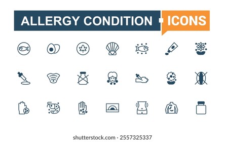 Allergy Condition thin line icon set. Containing dog, illness, pollen, head, care, food and more. Minimal linear icons. Vector outline and solid icons collection.