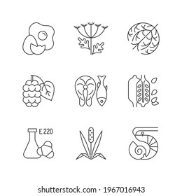 Allergy danger linear icons set  Queen Anne lace  Dry tumbleweed  Timothy grass  Chemical sulphites  Customizable thin line contour symbols  Isolated vector outline illustrations  Editable stroke