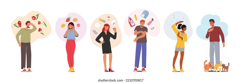 Allergy Diagnosis Concept, Male and Female Allergic Characters with Reaction on Flowers, Medicine, Seasonal Pollen, Cats, Food and Insects. People Sneezing and Scratching. Cartoon Vector Illustration