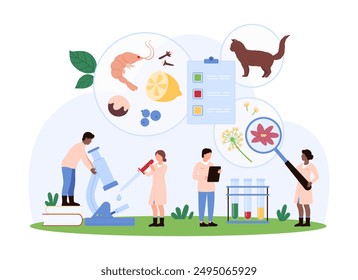 Allergy diagnosis on medical examination. Tiny people study different types of allergens with magnifying glass, seasonal allergy on flower pollen, pets and food products cartoon vector illustration