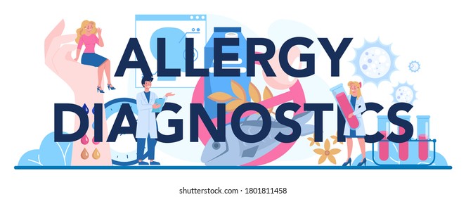Encabezado tipográfico de diagnóstico de alergia. Enfermedad con síntoma de alergia, tratamiento de alergia médica. Atención de salud. Ilustración vectorial en estilo plano