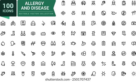 Conjunto de iconos de alergia y enfermedad. Conjunto de iconos editables de línea de enfermedades comunes. Estilo de línea delgada moderna de iconos de enfermedades. Alergias, enfermedades mentales y más pictogramas y colección de íconos.