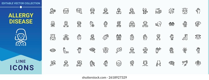 Conjunto de iconos de enfermedad de alergia en estilo lineal. Contiene símbolos de enfermedades, gripe, alergias, salud, alergias, alergias y más. Conjunto de iconos de alergia. Iconos web delgados. Píxel perfecto. Ilustración vectorial.