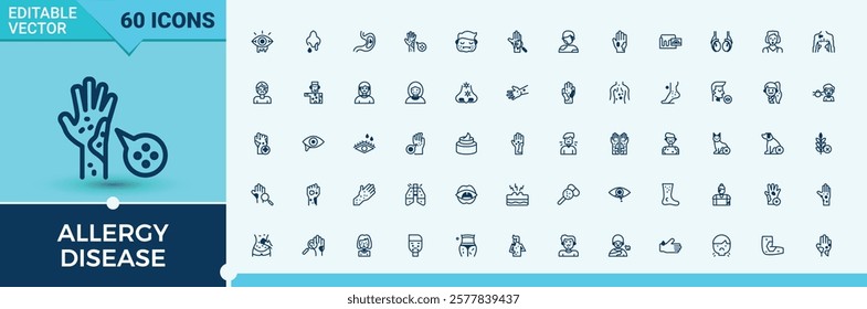 Allergy Disease icons set. Contains such icons as animal, sick, antihistamine, pollen, illness, temperature, allergen, allergies. Minimal icons. Vector outline and solid icons collection.