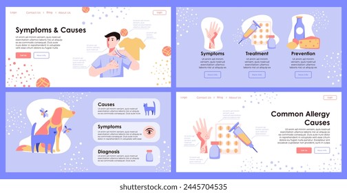 Allergy disease, symptoms and causes landing page. Template web banner with health reaction, medical website set. Sick man character, illness collection, vector illustration