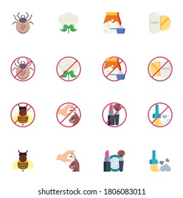 Allergy elements collection, Allergic reaction flat icons set, Colorful symbols pack contains - particular food, dust, cosmetics, animal fur. Vector illustration. Flat style design