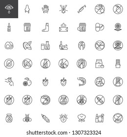 Allergy elements line icons set. linear style symbols collection, outline signs pack. vector graphics. Set includes icons as Allergen food, Runny nose, Dry eyes, Rash, Nasal spray, Inhalator, Dust