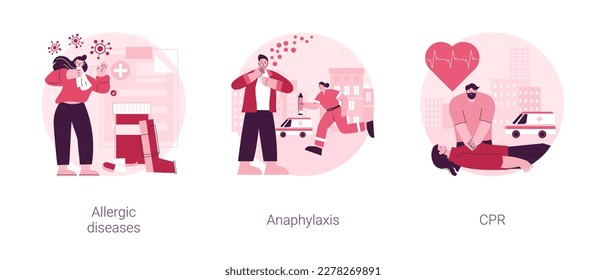 Allergy emergency help abstract concept vector illustration set. Allergic diseases, anaphylaxis shock, CPR, antihistamines therapy, artificial ventilation, breathing problem abstract metaphor.