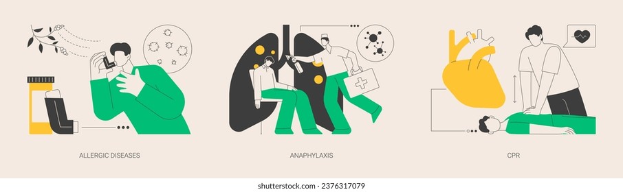 Emergencia alérgica ayuda a abstraer el conjunto de ilustraciones vectoriales de concepto. Enfermedades alérgicas, shock de anafilaxia, RCP, terapia antihistamínica, ventilación artificial, problemas respiratorios, metáfora abstracta.