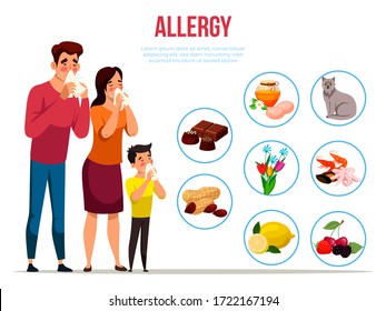 Allergy family concept. Woman, man, boy sneezes or blows nose in handkerchief, allergic reaction of immune system. Types of allergens: some foods, sweets, pet hair, seasonal flower. Vector