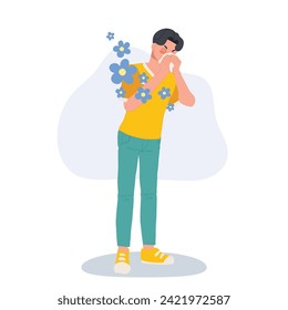  Allergy to Flowers Concept. Allergic man with Pollen Allergy.