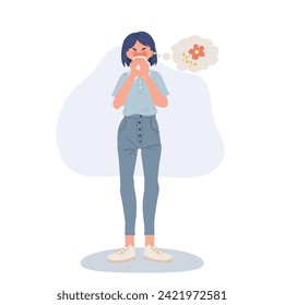  Allergy to Flowers Concept. Allergic Woman with Pollen Allergy.