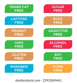 Allergy Free Food Ingredients isolated sticker, label, sign vector set. Soy, sugar, peanut, fat and etc.