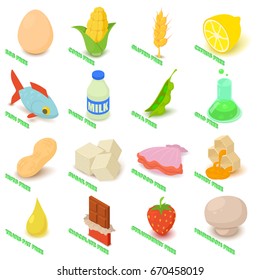 Allergy free icons set food. Isometric illustration of 16 allergy free vector icons for web