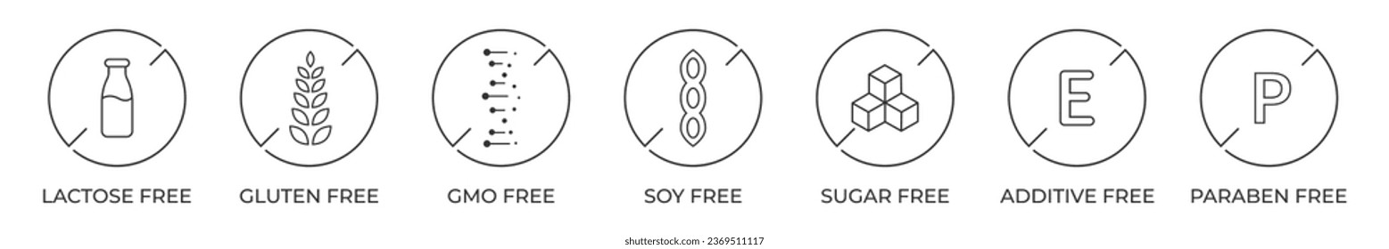 Iconos de productos libres de alérgicos. Gluten gmo lactosa paraben azúcar libre de aditivo electrónico conjunto de iconos. Ilustración vectorial.